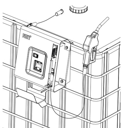 Tegning av adBlue 230V pumpesett i hus med slange og pistolholder festet til IBC container